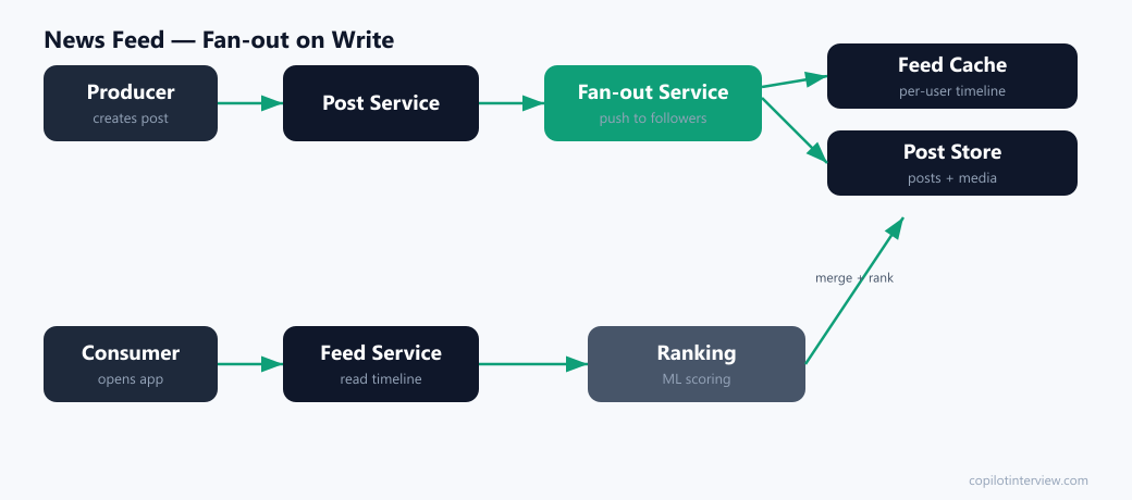 News feed architecture: post service, fan-out service, feed cache, feed service, ranking - push vs pull