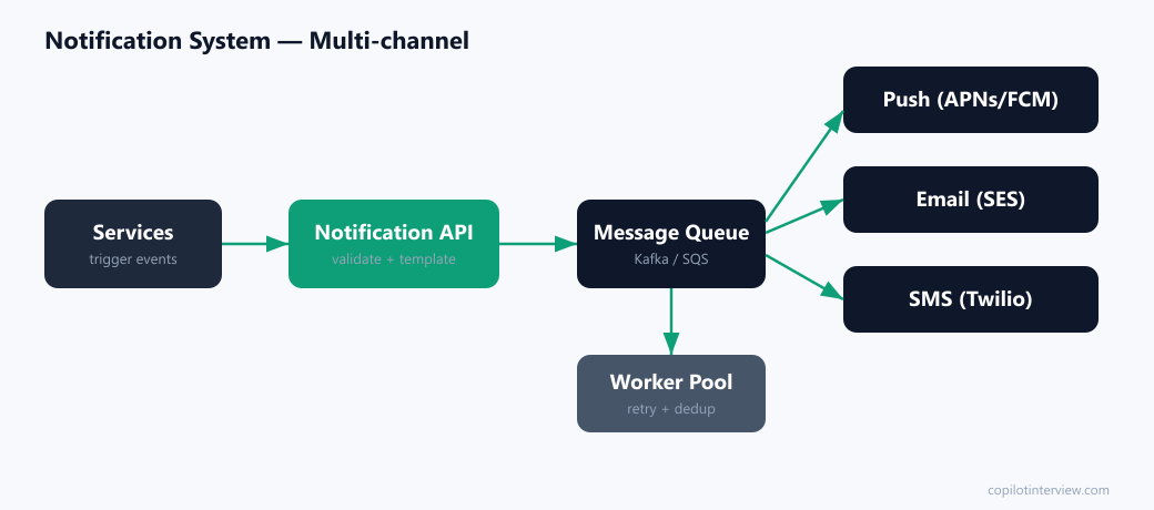 Notification system: services, notification API, message queue, worker pool, push/email/SMS channel providers
