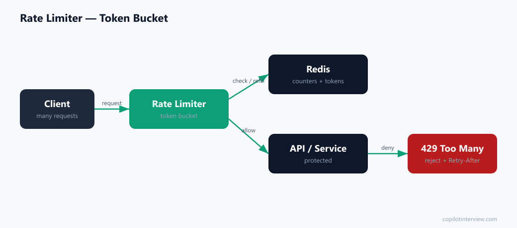 Rate limiter architecture: client, token-bucket limiter, Redis counters, protected API, 429 rejection path