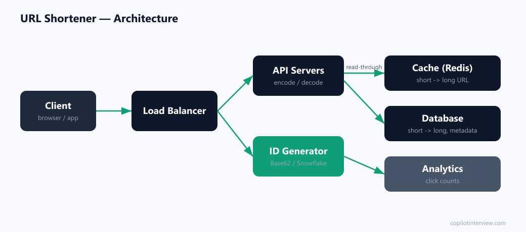 URL shortener architecture: client, load balancer, API servers, ID generator, cache, database, analytics